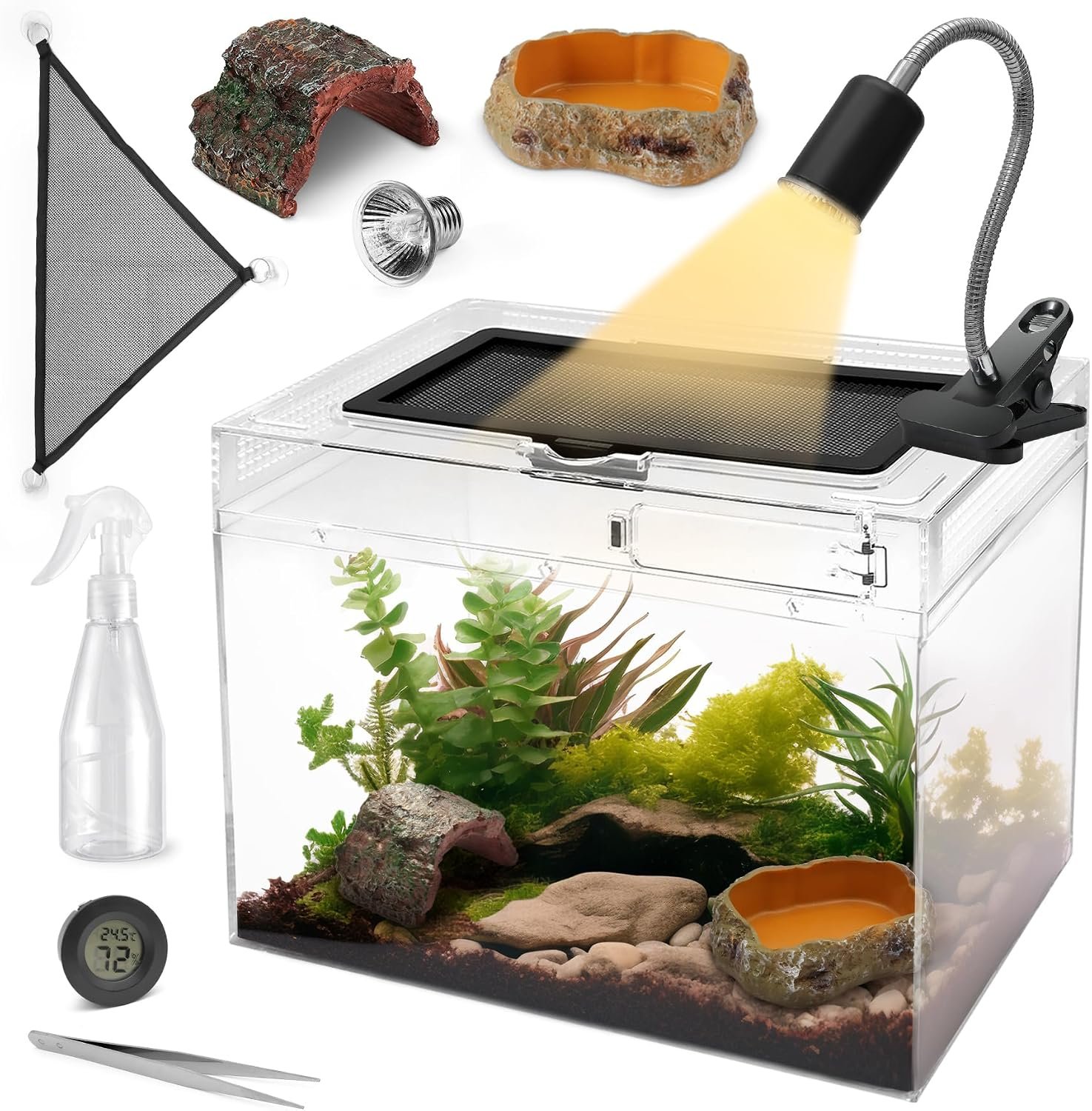 AZV Reptile Tank Starter Kit,8 Piece Escape Proof Hermit Crab Cage XLarge | All In One Lizard Terrarium,Multi-Vent Compatible Gecko Habitat,Clear PC Material Frog Enclosure,Easy-Clean Waterproof Base