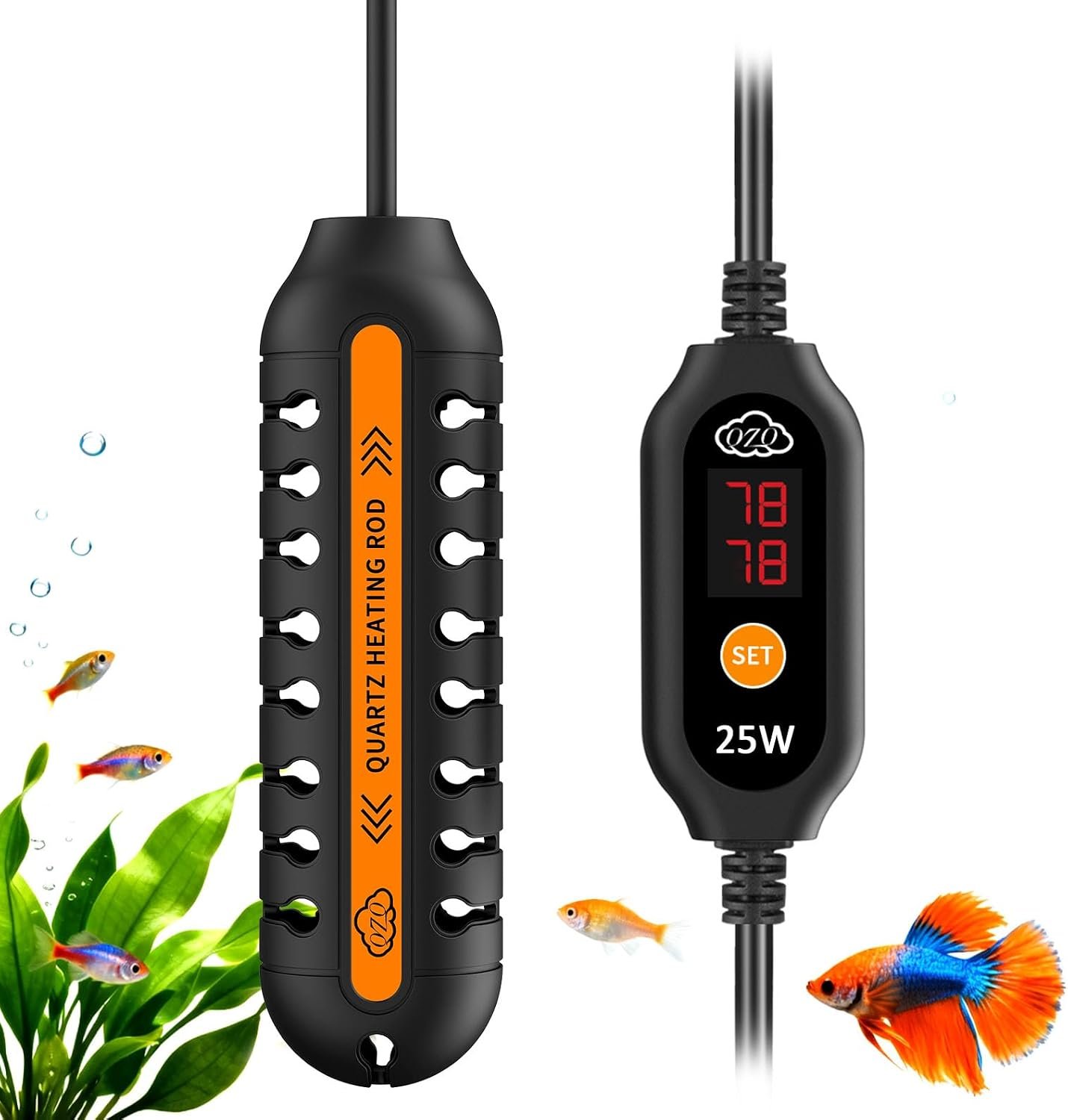 QZQ Aquarium Heater, 25W Adjustable Fish Tank Heater with Digital Display | External Temperature Controller, Submersible Turtle Tank Heater