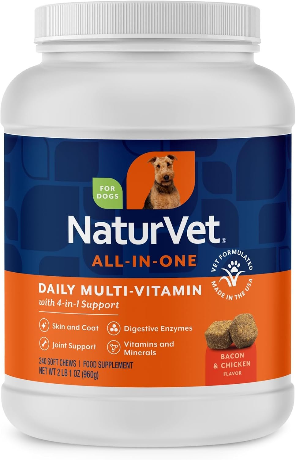 NaturVet All-in-One Dog Supplement Daily Multivitamin – 240 Soft Chews | Daily Multivitamin for Dogs – Supports Digestion, Skin & Coat with Omega-3, 6, 9 & Wheat-Free Formula