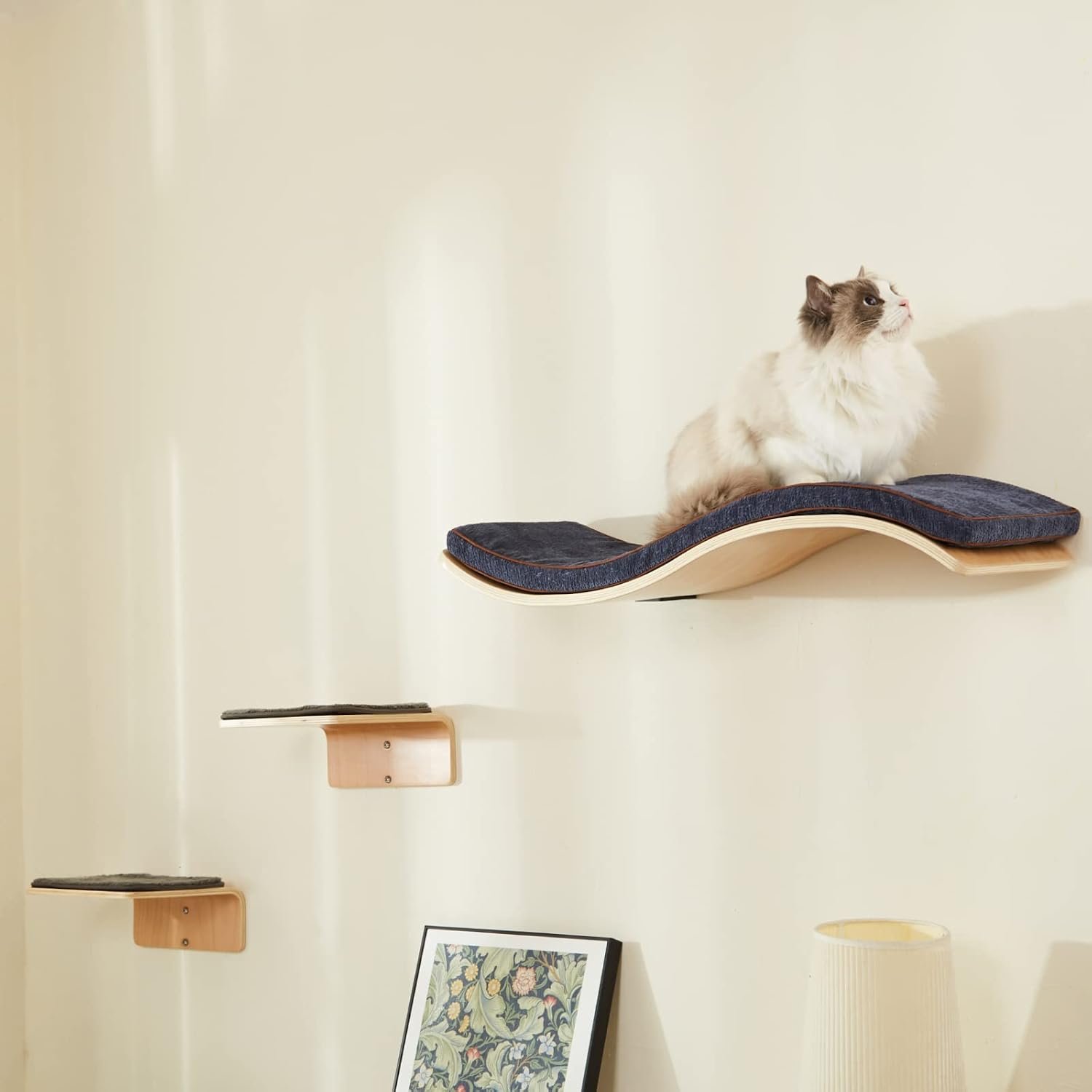 Cat Wall Shelf with Two Steps – Wave Cat Shelves and Perches for Wall – Wall Mounted Cats Furniture for Sleeping, Playing, Climbing, and Lounging