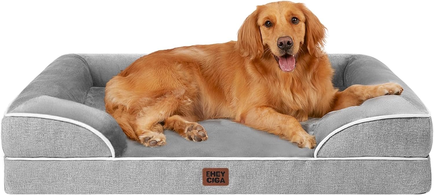 EHEYCIGA Orthopedic Dog Beds Large Sized Dog, Waterproof Memory Foam Pet Bed with Sides, Non-Slip Bottom Large Pet Bed with Washable Removable Cover, Grey | Non-Slip Bottom and Egg-Crate Memory Foam XL Dog Couch Bed with Washable Removable Cover, Grey