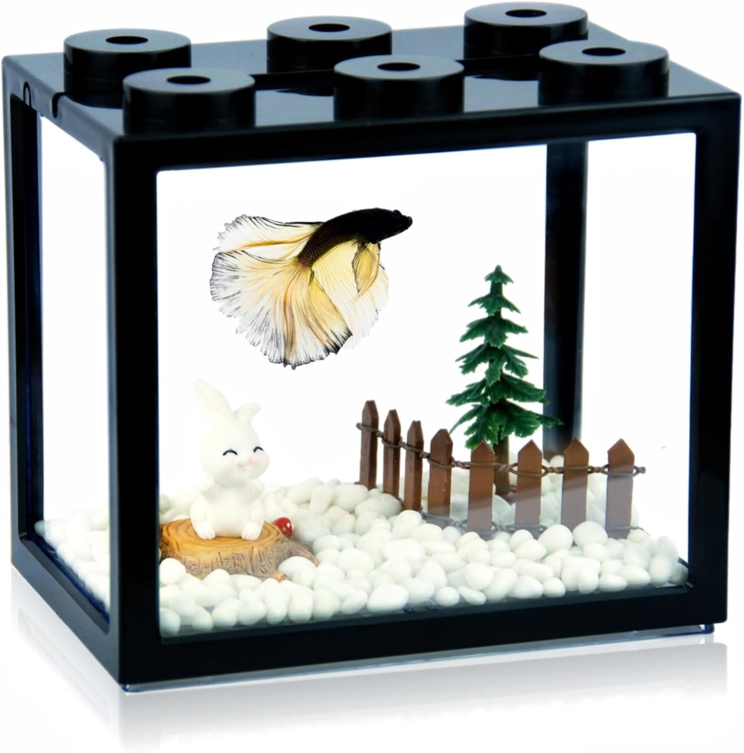 Small Betta Fish Tank, Stackable Mini Aquarium Tank Kit with Aquarium Gravel & Forest Micro Landscape, 0.6 Gallon Acrylic Cube Fish Bowl for Sea Monkeys Shrimp Snails (Black)