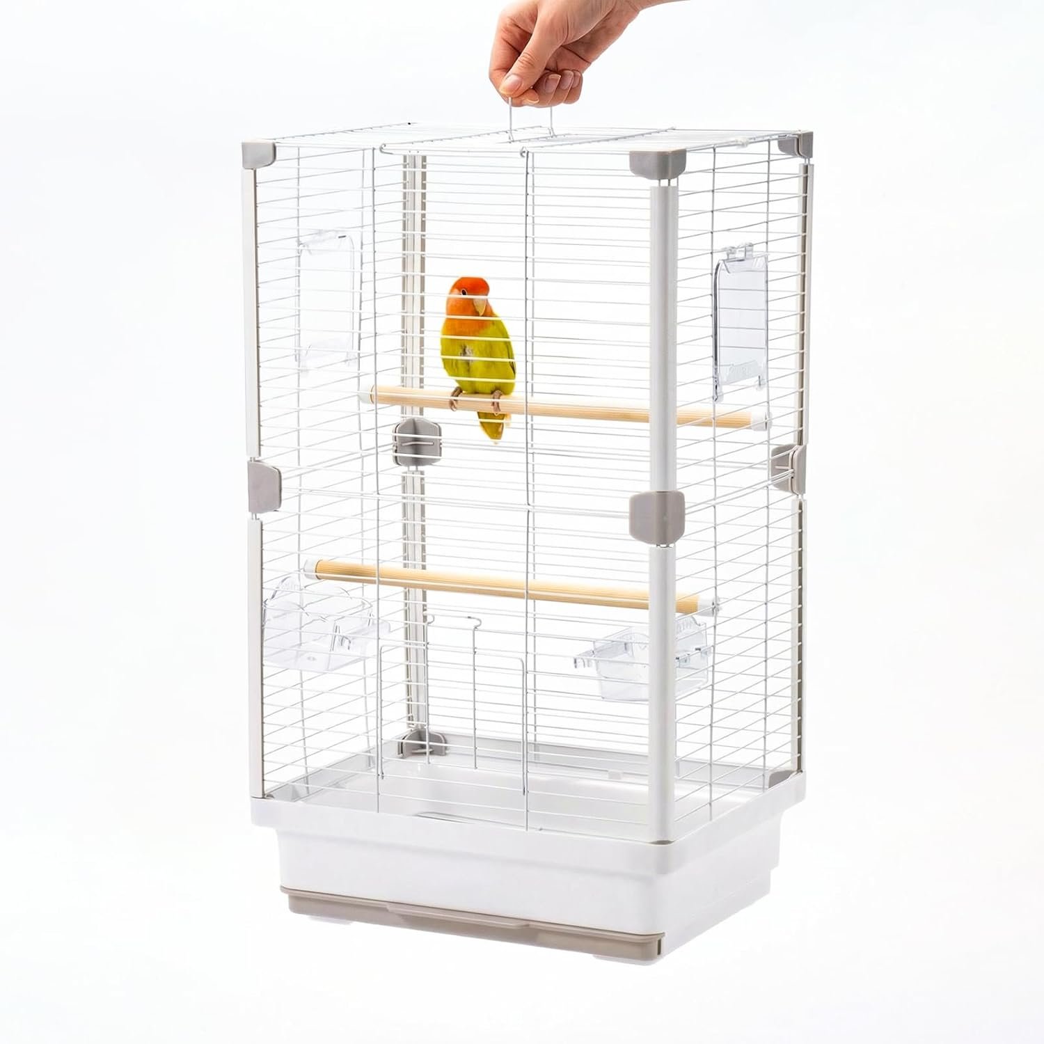 24″ Portable Double-Layer Bird Cage, Travel Parrot Carrier with Handle for Vet Visits, Short Trips, White Metal Mesh Cage, for Parakeets, Cockatiels, Lovebirds, Small to Medium Birds