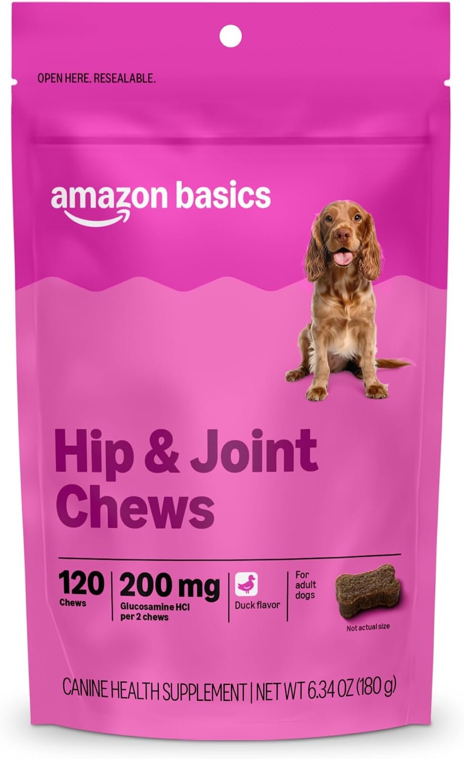 Amazon Basics Dog Hip & Joint Daily Supplement Chews with Glucosamine, MSM, and Vitamin C, Duck Flavored, 120 Count, Packaging May Vary