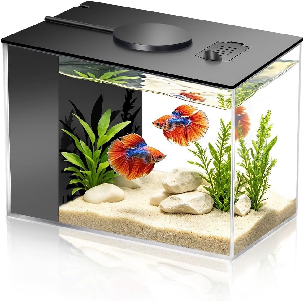 Small Fish Tank Kit 1 Gallon Aquarium with Three-Color Lighting Feeding Port Water Filter Pump for Betta Shrimp Guppy Goldfish