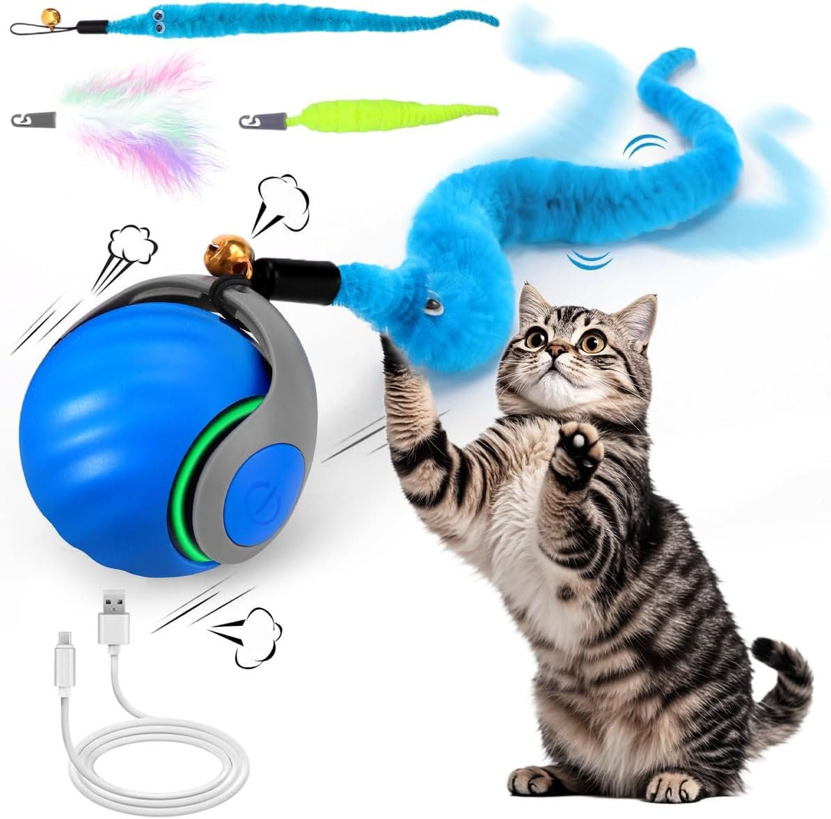 Mity rain Interactive Cat Toy Ball, Rechargeable Cat Toys for Indoor Cats | with Feather Tails for Kittens Chasing, Motion Activated Ball for Enrichment, Automatic Rolling Toys to Keep Them Busy Blue