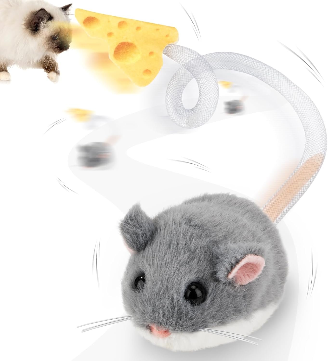 Migipaws Interactive MigiMouse Cat Toy 360° Rolling & Spin with Mesh Plastic Tail for Indoor Cats Smart Motion Sensor, Realistic Squeak, Rechargeable Plush Kitten Toy(Grey)