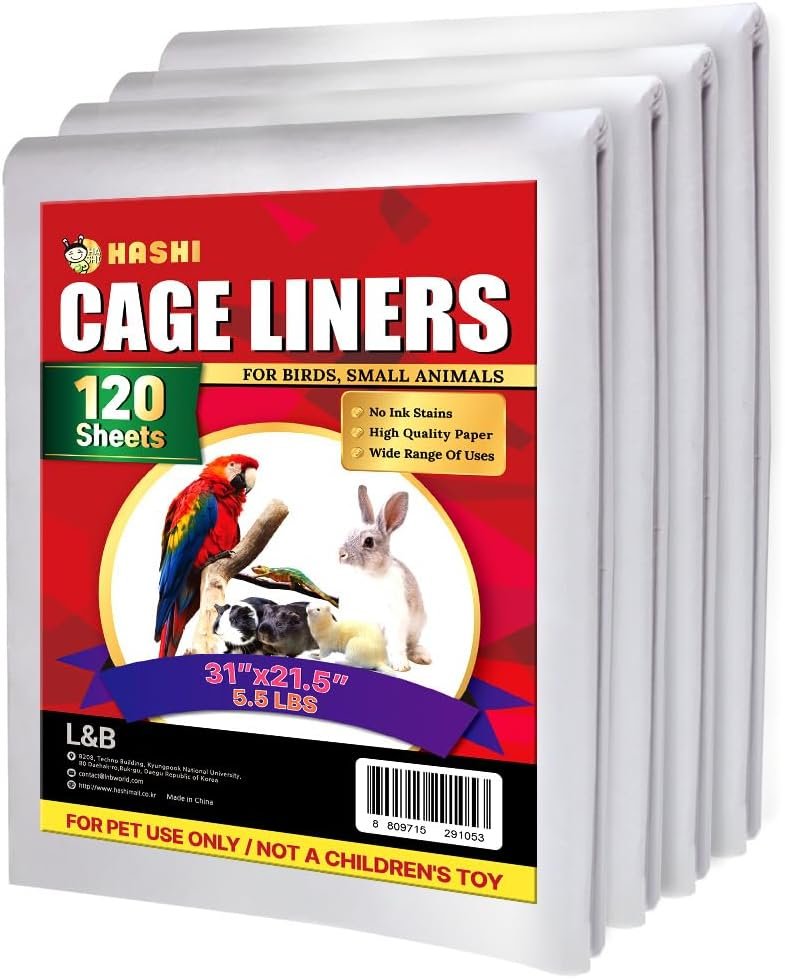 HA SHI Large Bird Cage Liners, 31 x 21.5 in, 120 Ink-Free Newsprint Sheets | Extra-large 31 x 21.5 in newsprint liners, 120 count. One sheet covers big cages and small-pet trays; ink-free, cut to fit.