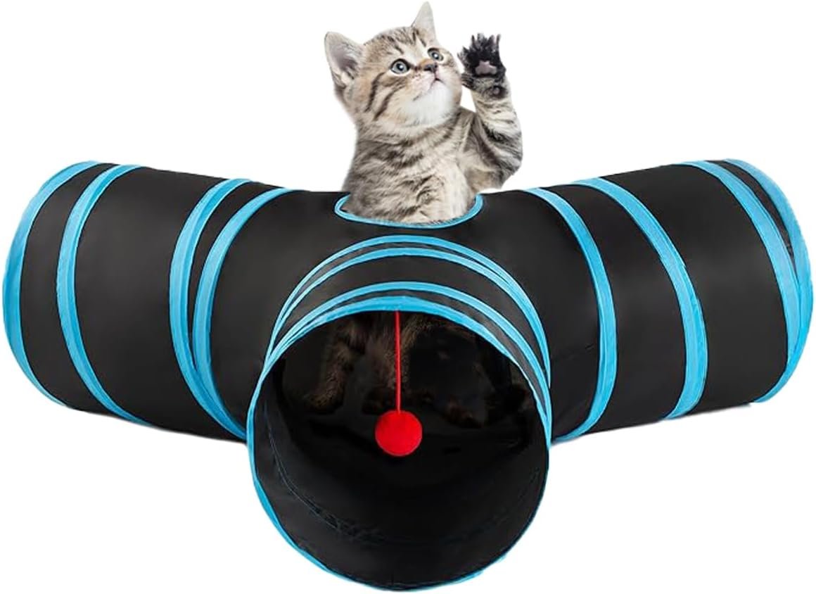 3 Way Cat Tunnel Collapsible Fun Pet Play Tube Toys for Cats, Kittens, Puppies & Rabbits – Portable Tunnel with Hanging Ball for Indoor Play, Hideout & Exercise