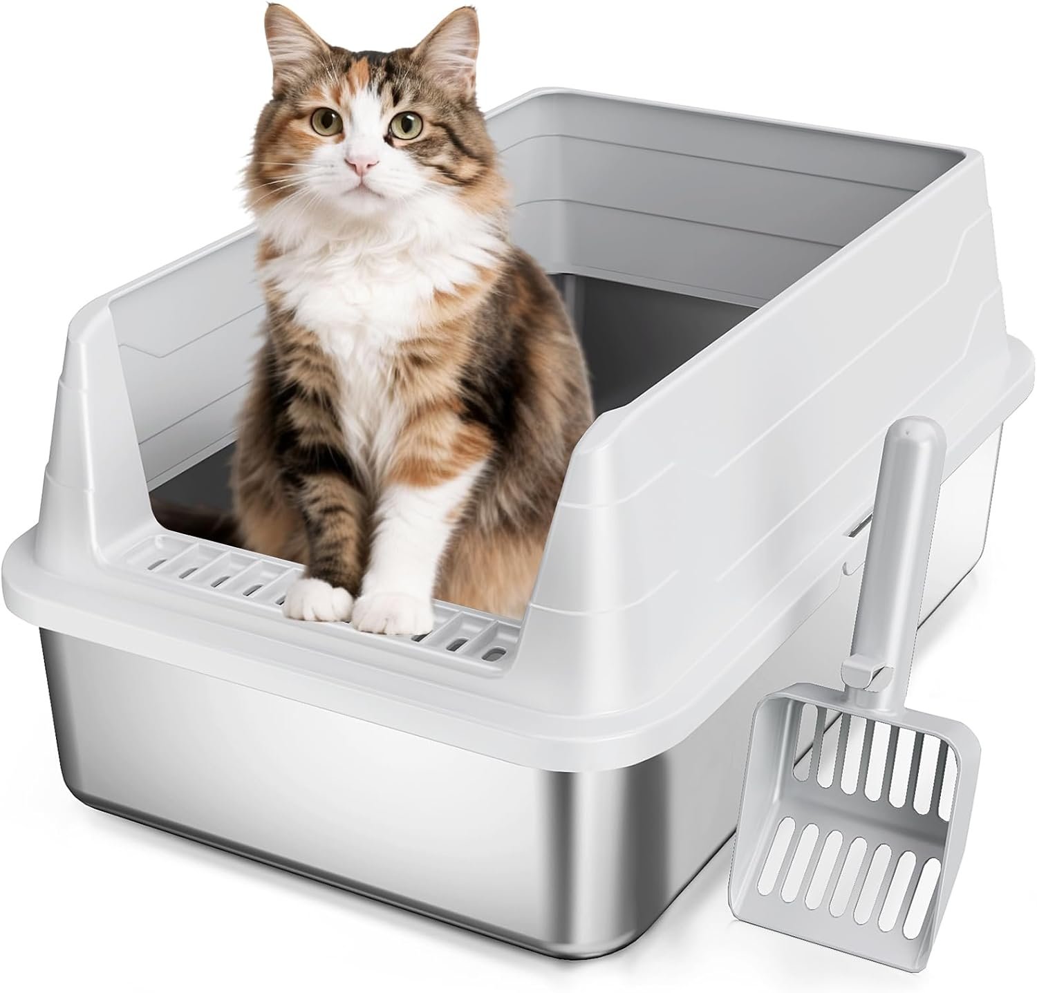 Stainless Steel Cat Litter Box for Small Cats, Odor Free Metal Litter Box | High Sides Lid Open Top Low Entry Litter Pan Easy Cleaning Kitty Cat Box Anti-Urine Leakage Non-Sticky Include Scoop