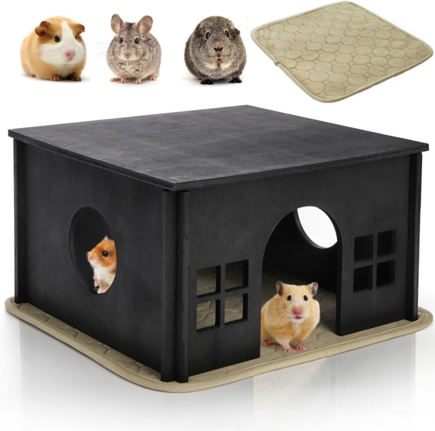 Wooden Hamster Hideout, Guinea Pig House with Soft Mat Windows, Detachable Small Pets Woodland House Decor for Chinchilla Mice Gerbils Mouse Dwarf