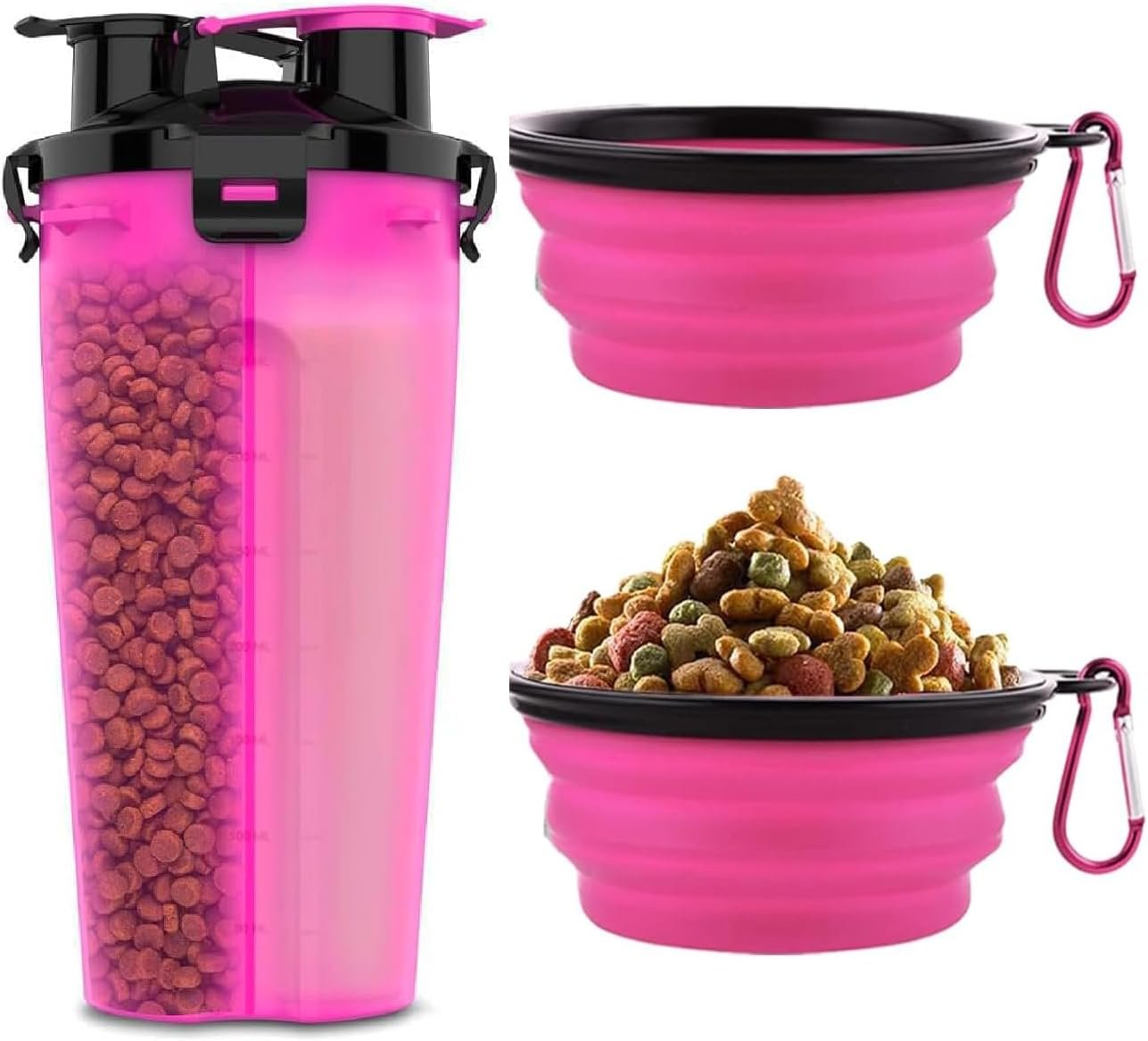 Dog Travel Water Bottle W/Collapsible Bowls – Portable 2 in 1 Leakproof Pet Water Bottle Food Container Ideal for Travel, Outdoor Portable Water Bowls for Walking, Camping & Hiking – (Pink)