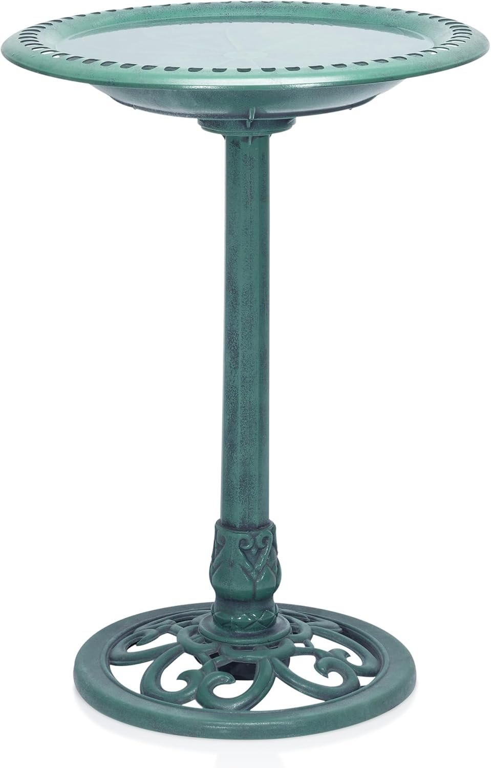 Alpine Corporation TEC116 Outdoor Aged Green Pedestal Birdbath with Scrollwork, 28″ Tall, Green