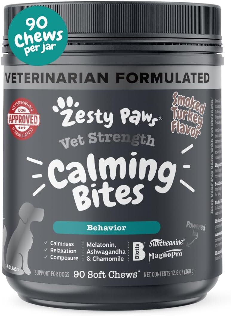 Zesty Paws Vet Strength Calming Chews for Dogs – for Everyday Stress, Relaxation, Composure, and Separation Smoked Turkey 90 Count