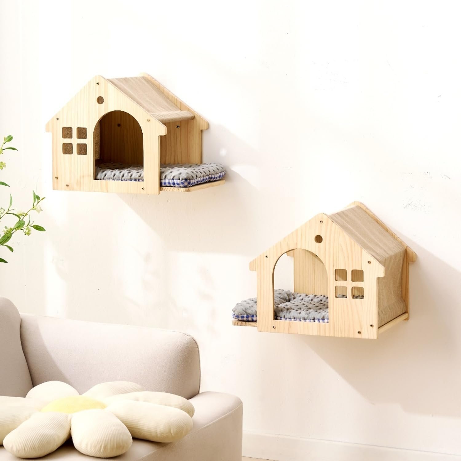 SHENGOCASE Natural Wood Cat Wall Shelves Bed, 2-Pack, Wall-Mounted Box Condo House Perch, Cat Condo Furniture with Washable Pillow Cushions