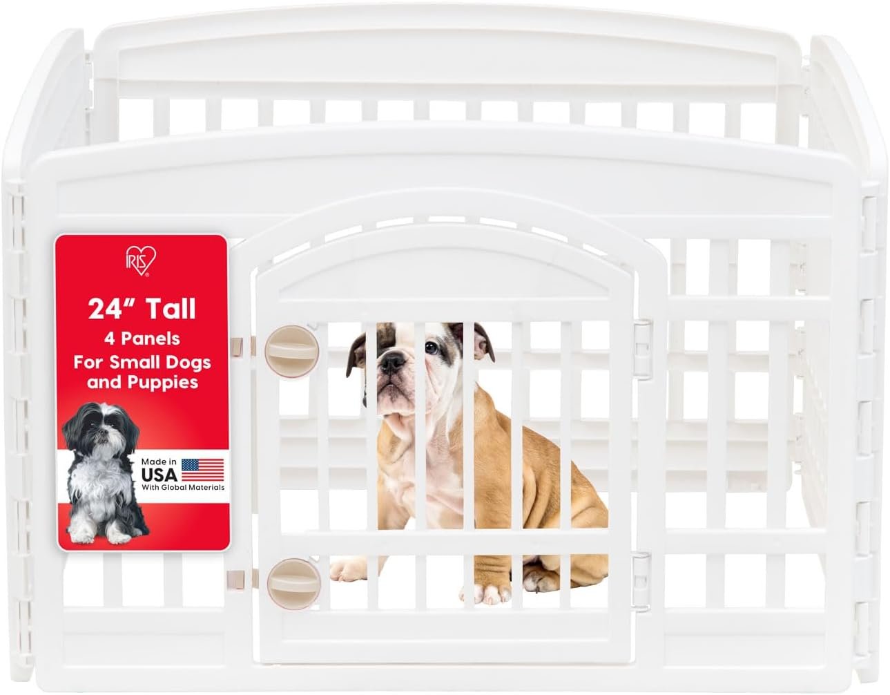 IRIS USA 4-Panel Dog Playpen, Pet Enclosure, White | Puppy Training, Configurable Layout, Multi-Shape Setup, Custom Pen Configuration, Secure Door Latch, Stable Non-Tip Base