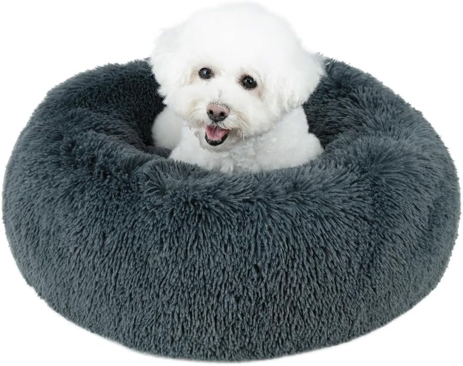 Best Pet Supplies Round Calming Dog Bed for Small, Medium & Large Dogs, Plush Donut Cuddler Pet Bed w/Raised Rim for Head, Neck Support, Anti-Slip Bottom Washable Bed – Gray, 20 x 20 x 6