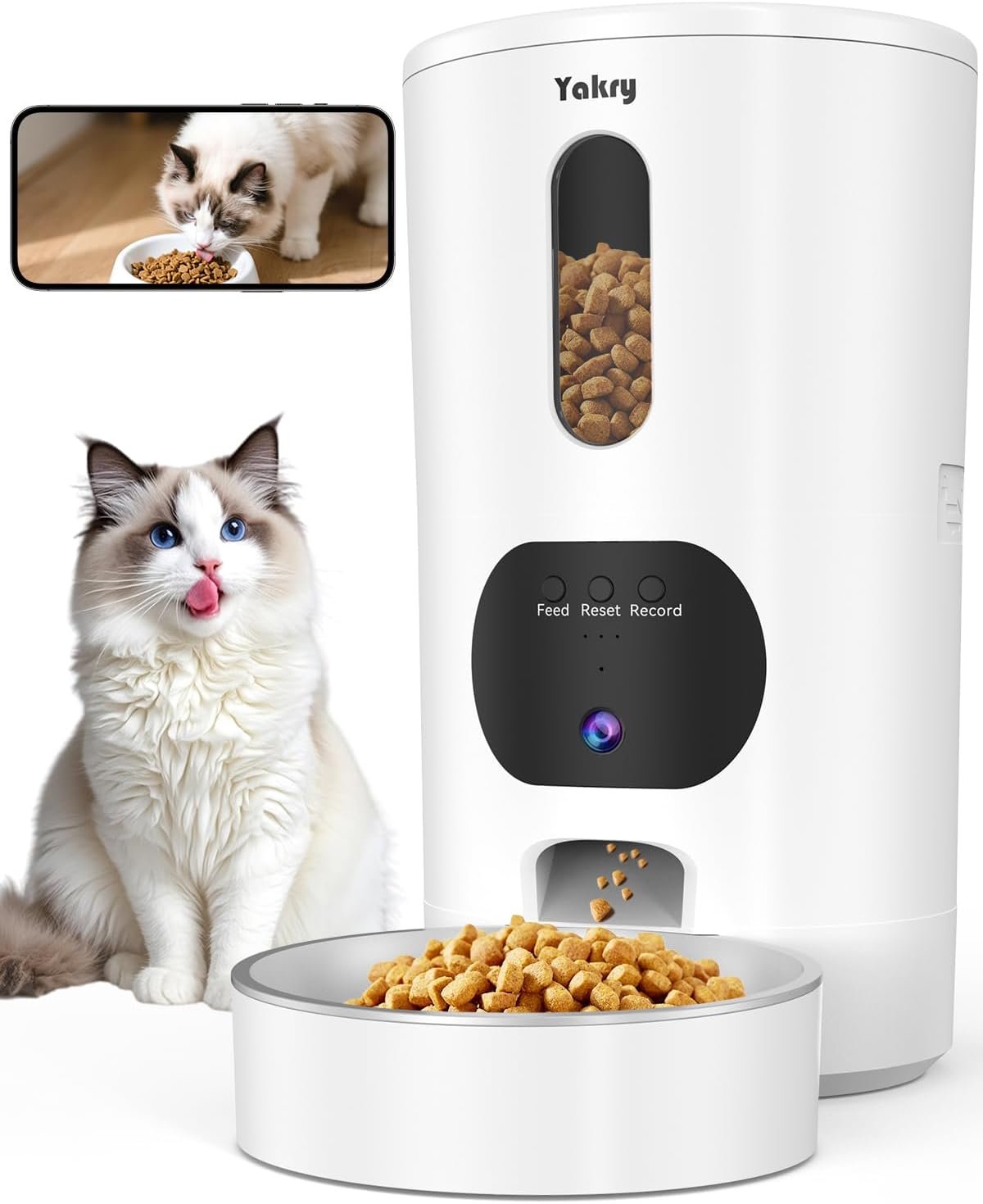 Yakry Automatic Cat Feeder with Camera – 5G WiFi Easy Setup App Control Cat Dry Food Dispenser with Stainless Steel Bowl, 4L/17 Cups, HD 1080P Video with Night Vision for Small Pets Indoor