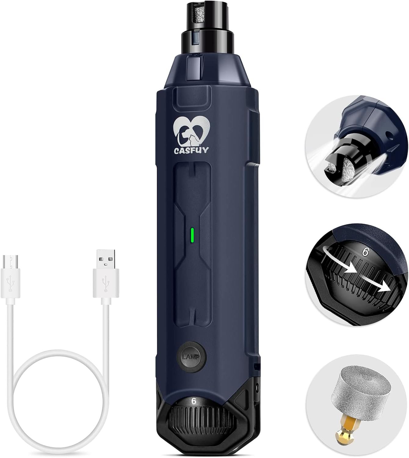 Casfuy 6-Speed Dog Nail Grinder – Newest Enhanced Pet Nail Grinder Super Quiet Rechargeable Electric Dog Nail Trimmer Painless Paws Grooming & Smoothing Tool for Large Medium Small Dogs (Blue)