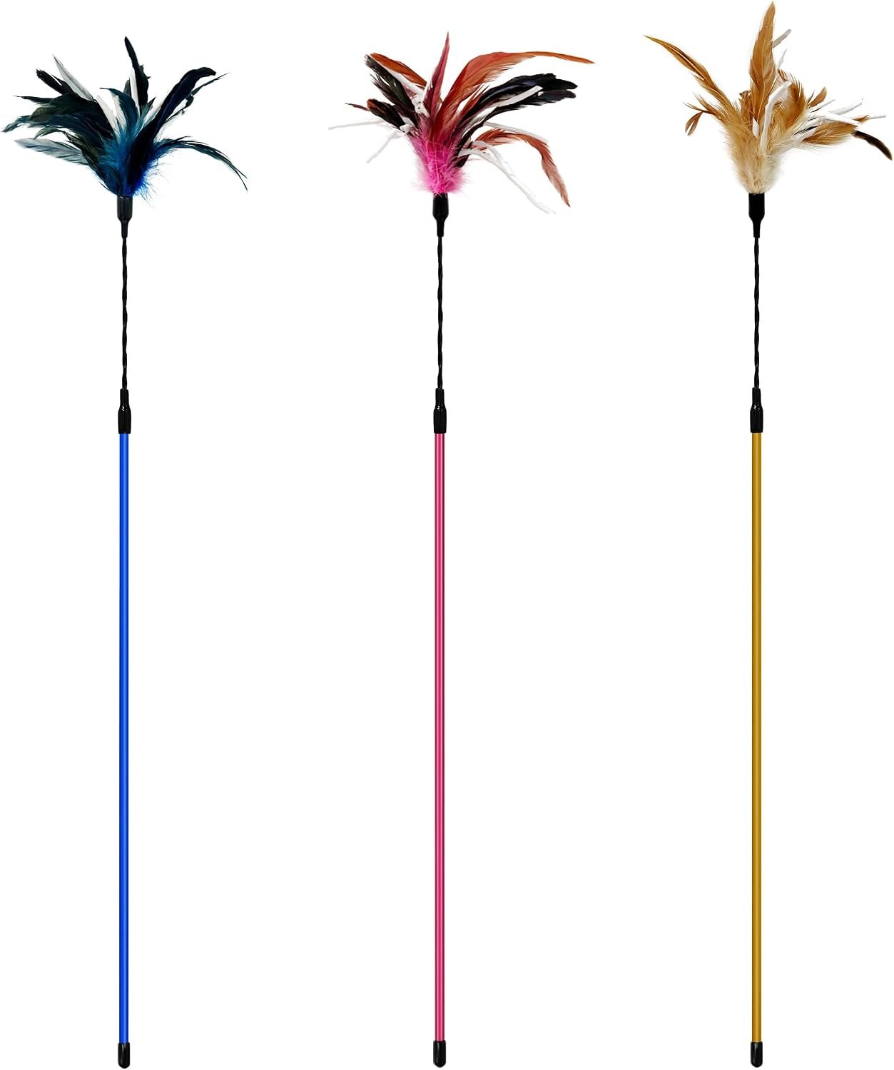 TTcat 3 PCS 22.8” Extra Long Cat Wand Toys Natural Feather Teaser Stick Toys,Interactive Toys for Indoor Cat and Kitten.