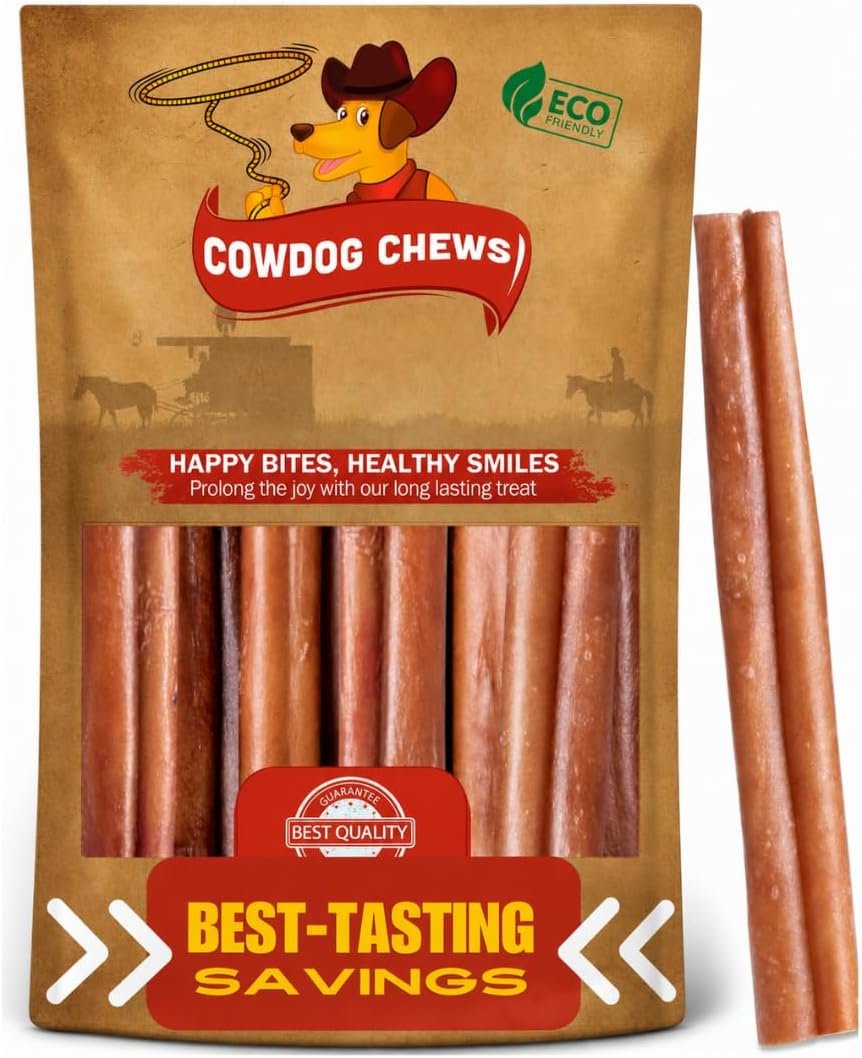 Cowdog Chews Beef Bully Stick: Odor-Free, Fully Digestible Beef Collagen Chews (5-7″, 10 Count) – Natural, Grain-Free, Long-Lasting Collagen Bully Stick Substitute for All Dog Breeds