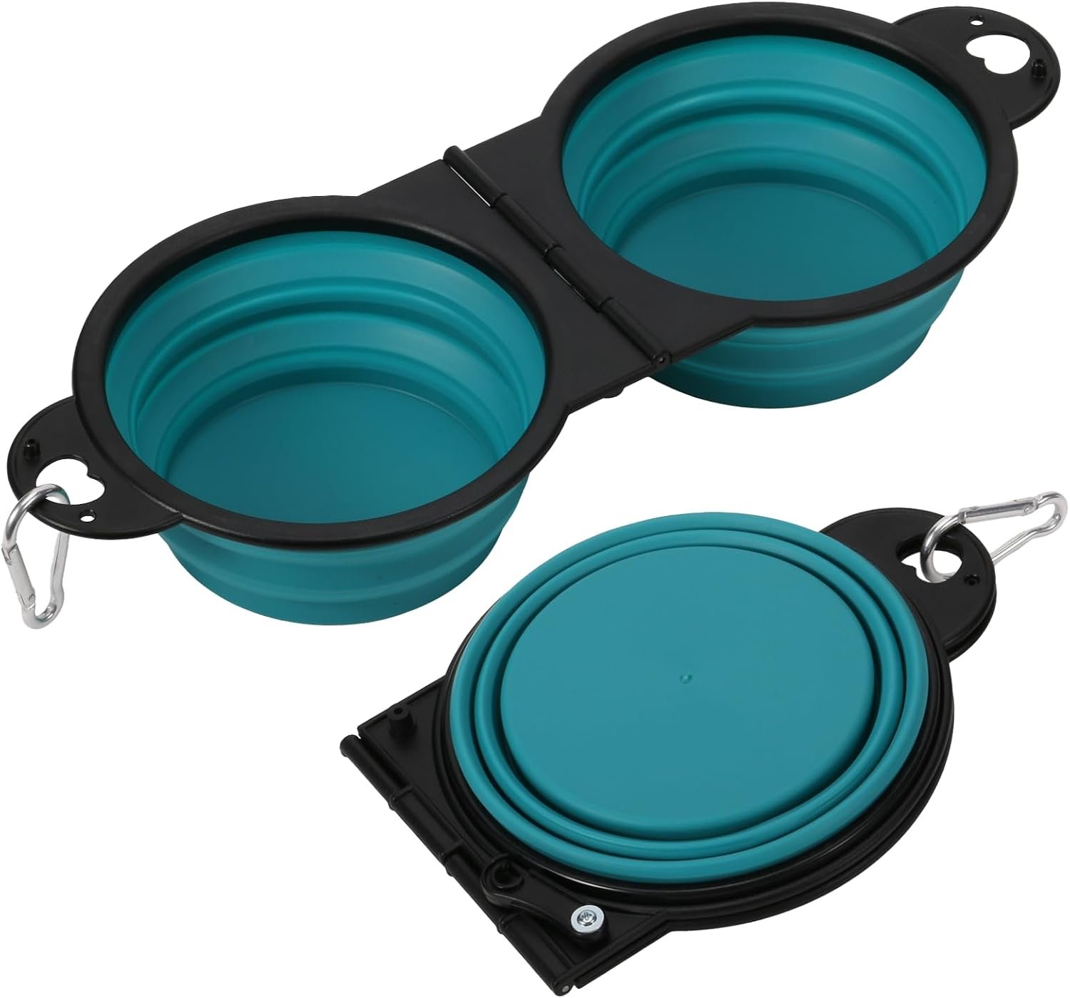 Collapsible Dog Dual Bowls, 2-in-1 with Locking Clip for More Stability 180 Degree Flip Portable Dog Travel Bowl for Water and Food Pet Food Drinker (Dark Green)