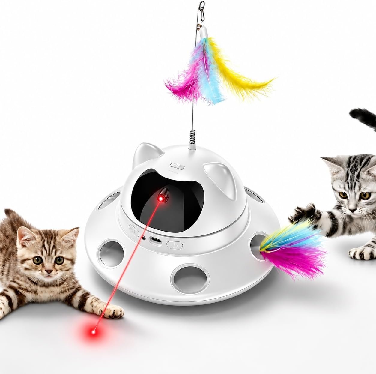 3-in-1 Auto Laser Cat Toy, USB Recharge Motion Activated Kitten Feather Chase Toy – Pure White