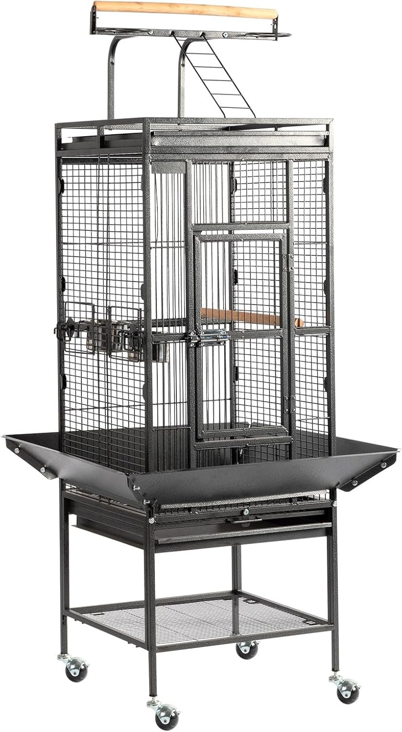 VINGLI Bird Cage with Wheels, 62 inch Bird Cages with Play Top, Wrought Iron Cage with Rolling Stand for Parrots, Cockatiels, Budgies, Lovebirds, Small/Medium Birds (Black)