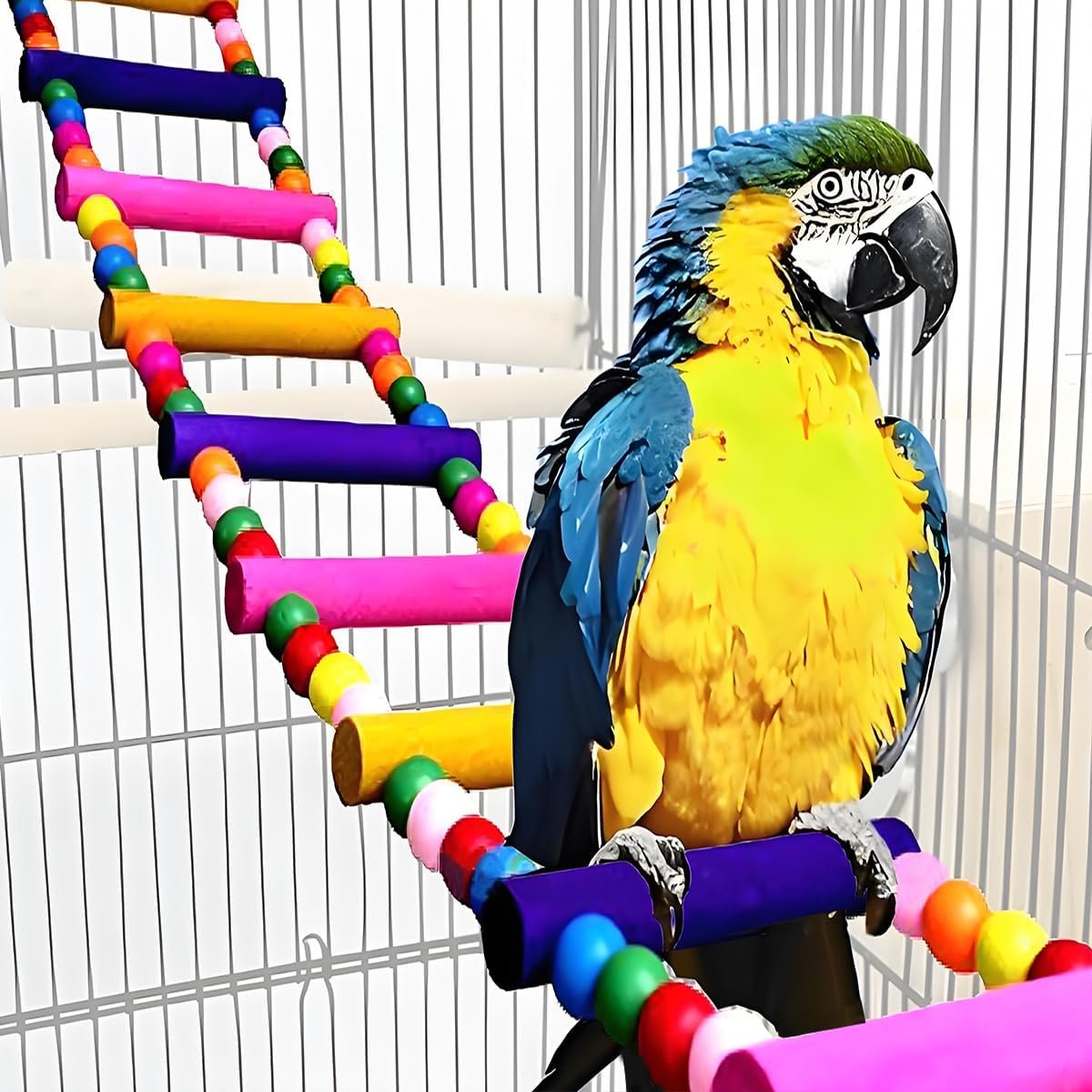 Bird Toys for Parrots Parrot Bridge, Swing Toys, and Ladders for Macaws, African Greys, Budgies, Cockatiels & Parakeets – Wooden Bird Ladder and Swing Toys for Play and Training (25Inch – 10 Ladders)