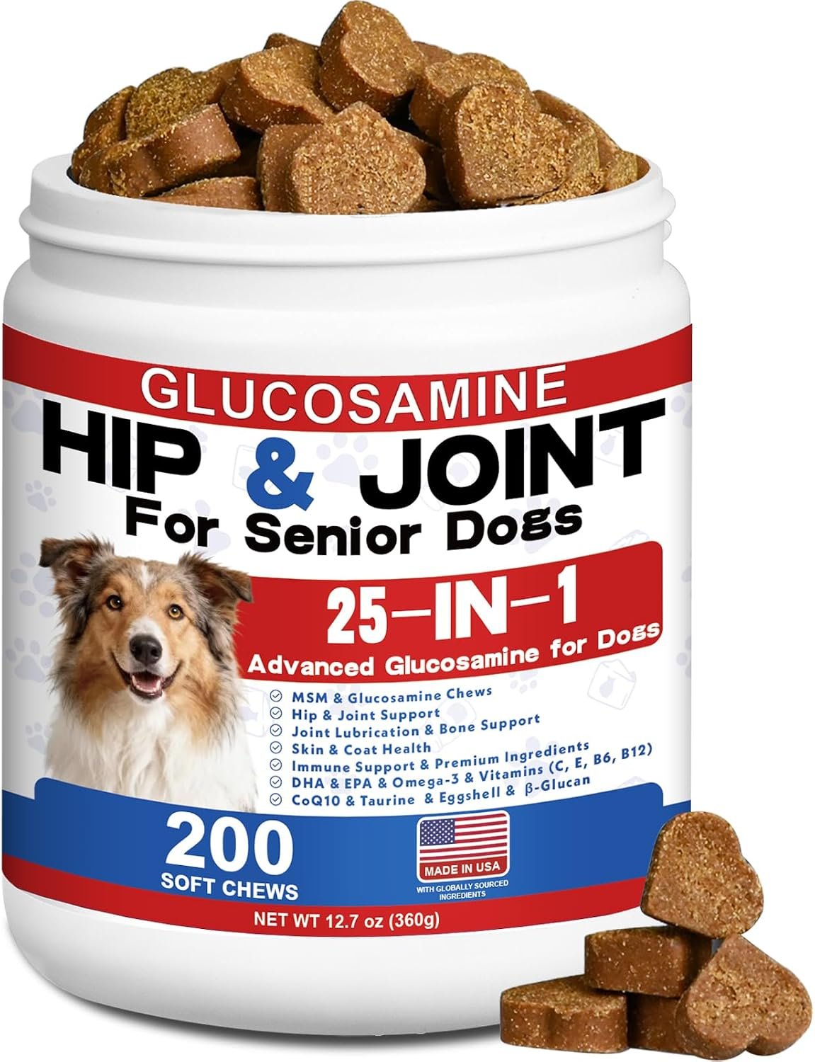 Glucosamine for Dogs Hip and Joint Supplement – 25-in-1 Hip and Joint Chews for Dog with MSM, Green Lipped, Turmeric, Yeast, Omegas, Vitamins| Mobility Support for All Ages & Sizes Dogs,200 ct
