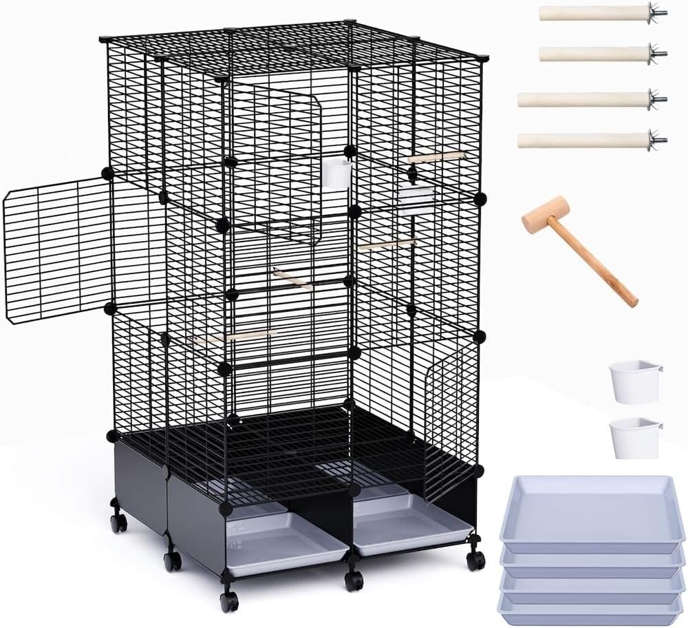 Flight Bird Cage, Large Metal Parakeet Cage with Wheels | With Perches, Slide-Out Trays, Bowls & Bird Toys for Cockatiels, Lovebirds & Small to Medium Birds, 25.5″ x 25.5″ x 46″