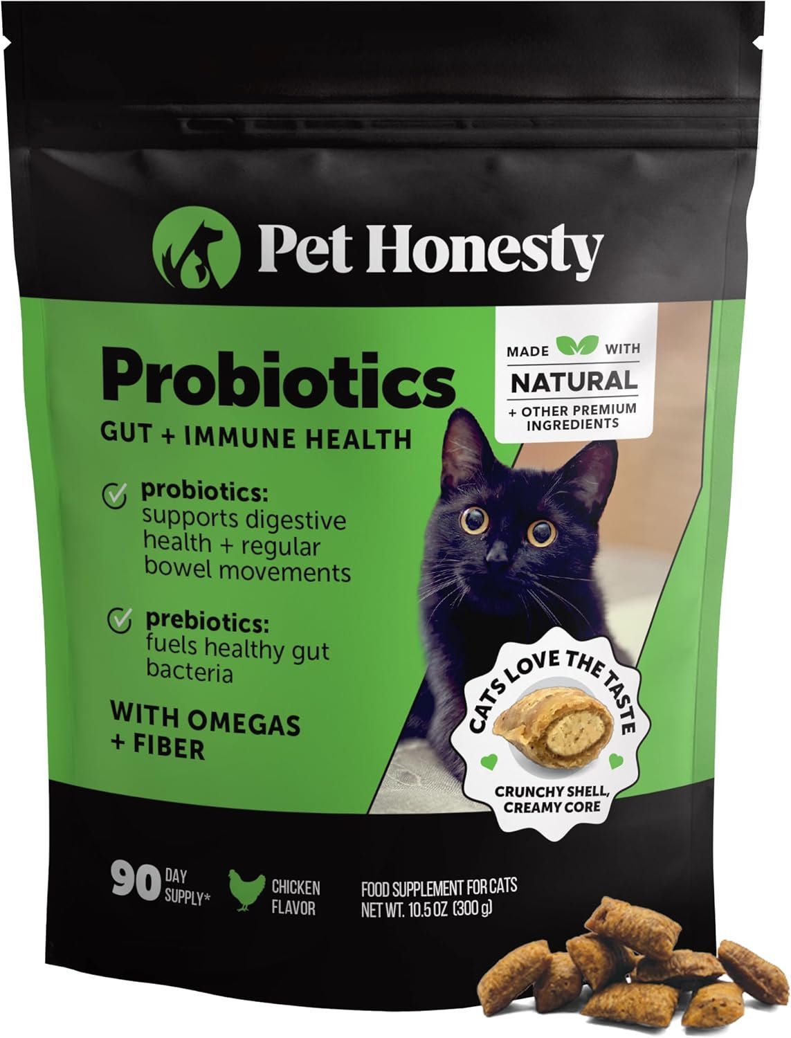 Cat Probiotics Crunchy Creamy Chews for Digestive Health – Cat Constipation + Occasional Diarrhea Relief – Daily Probiotics for Cats with Prebiotics Fiber Gut Flora Sensitive Stomach (90-Day Supply)