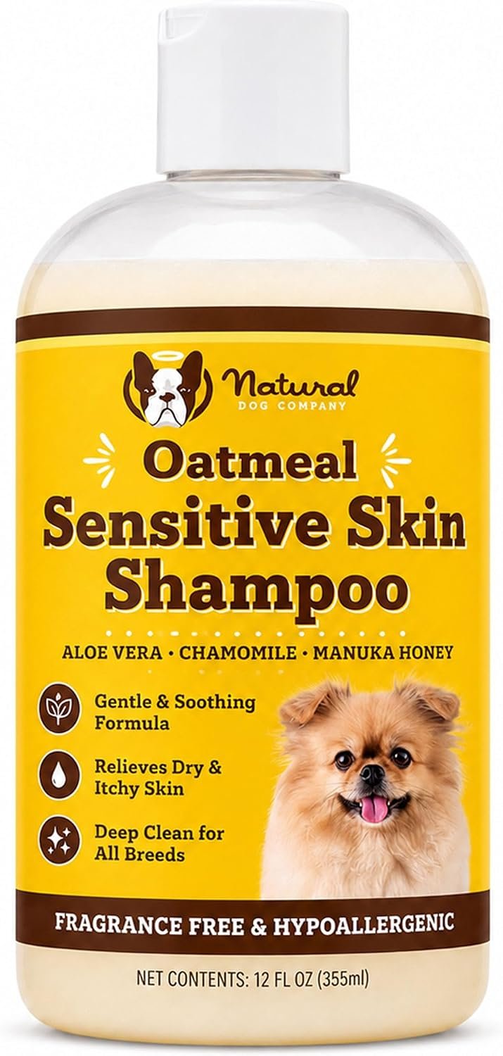 Natural Dog Company Sensitive Skin Dog Shampoo – Hypoallergenic Oatmeal Anti Itch Shampoo for Dogs, Gentle Puppy & Dog Wash with Aloe Vera, Manuka Honey & Chamomile, Odor Control, 12 oz