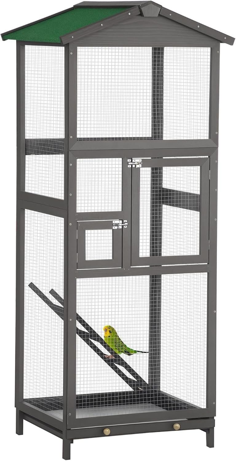 PawHut 65″ Wooden Bird Cage Outdoor Aviary House for Parrot, Parakeet, with Pull Out Tray and 2 Doors, Grey | for Parrot, Parakeet, with Pull Out Tray, 2 Doors