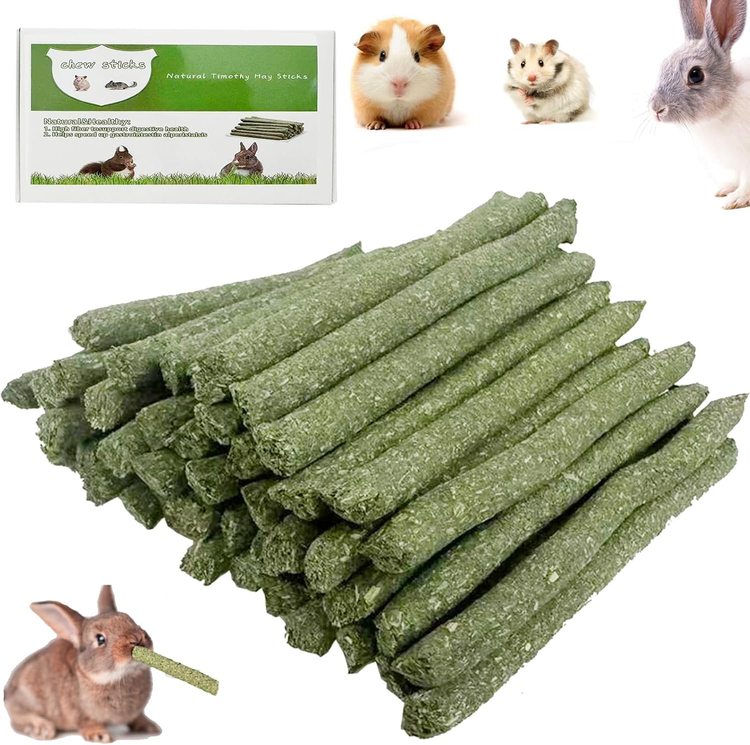 50Pcs Natural Timothy Hay Sticks, Rabbit Chew Toys Molar Teeth Grinding Sticks, Bunny Treats for Chinchillas, Guinea Pigs, Hamsters & Small Animals