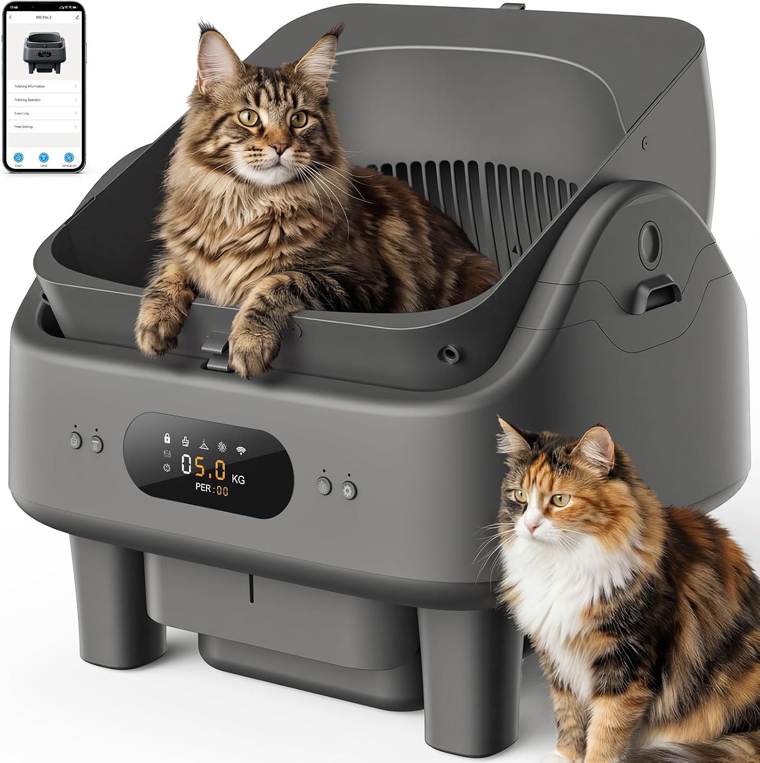Open Top Self Cleaning Litter Box, Automatic Cat Litter Box for Multiple Large Cats with APP Control, 10 Safety Sensors Anti-Pinch, 6″ Large LED, Odor Control, Trash Bags,Cat Stair, Litter Mat