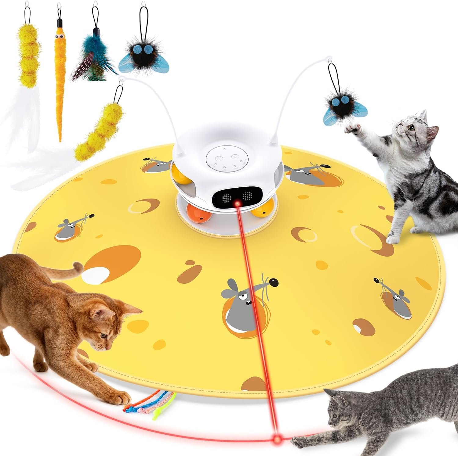 ZOMISIA Interactive Cat Toys for Indoor Cats, 5 in 1 Rechargeable Automatic Cat Toy with Laser, Motion Activated and Hide and Seek, Fluttering Feather & Dual Track Balls with Chirping for Bored Cats