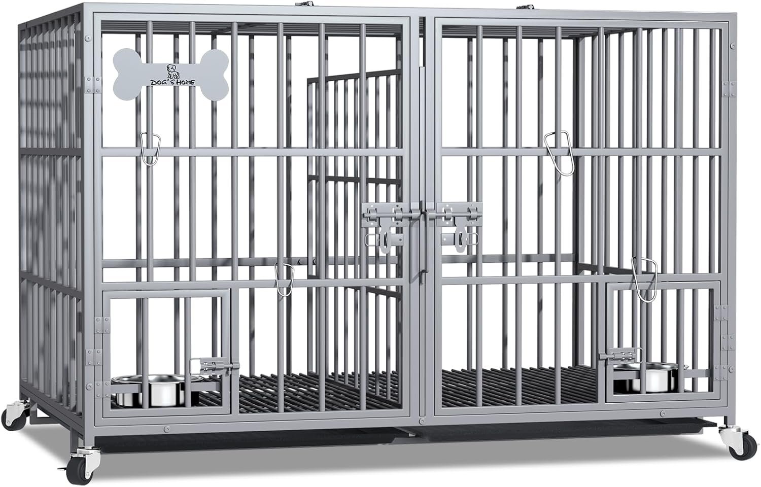aboxoo 42″ Heavy Duty Metal Dog Crate for 2 Dogs,Indoor Kennel with Divider | Silver Large Dog Cage, All Metal Open Top Escape Proof Cage,Kennel Indoor with Wheels, 2 Tray, Feeding Bowl