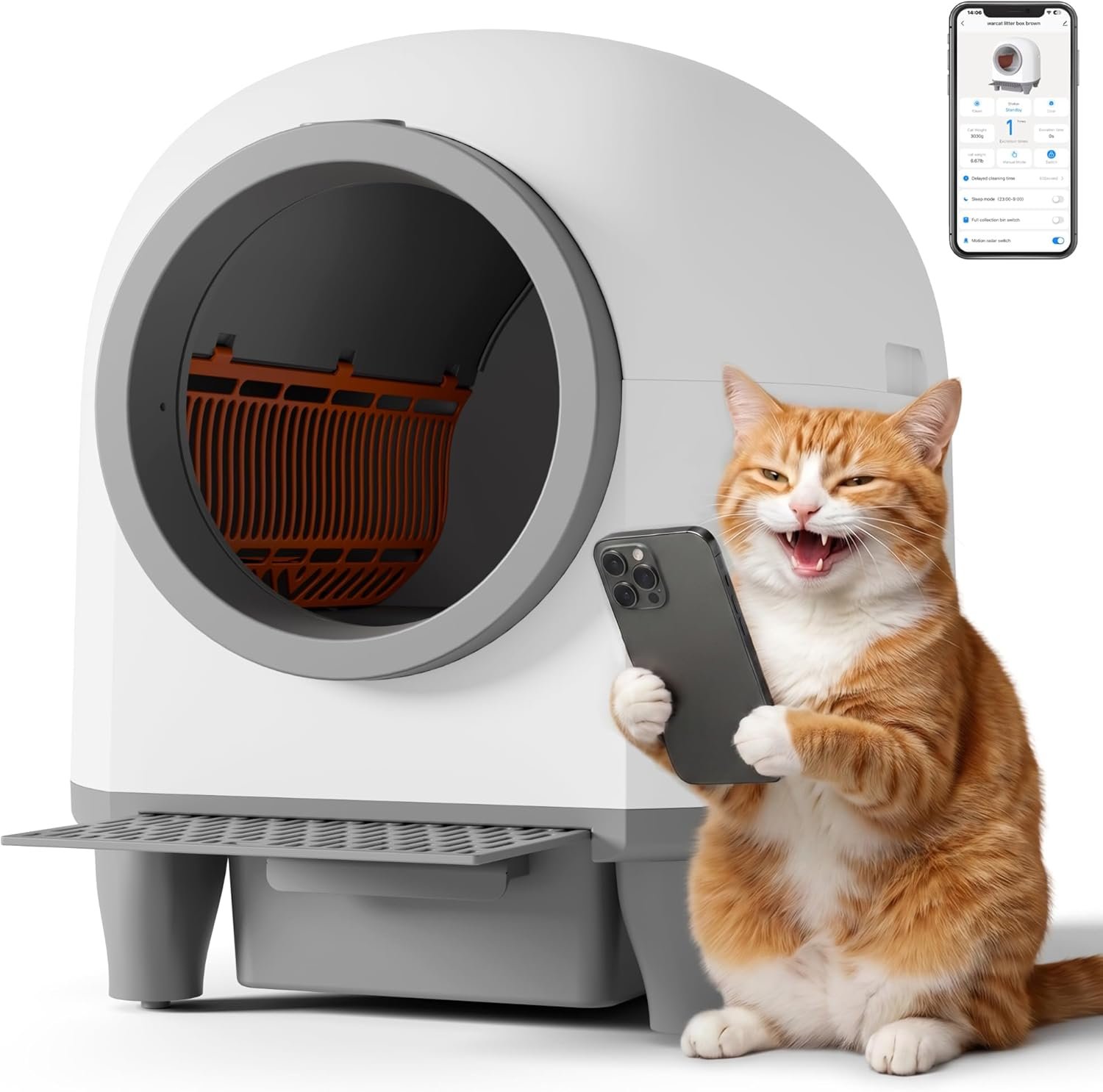 WARCAT Enclosed Self-Cleaning Litter Box – APP Control, 90L, Gray | 90L large capacity for multi-cat homes. APP-controlled with smart sensors. Anti-leakage & safety protection. Bags included.