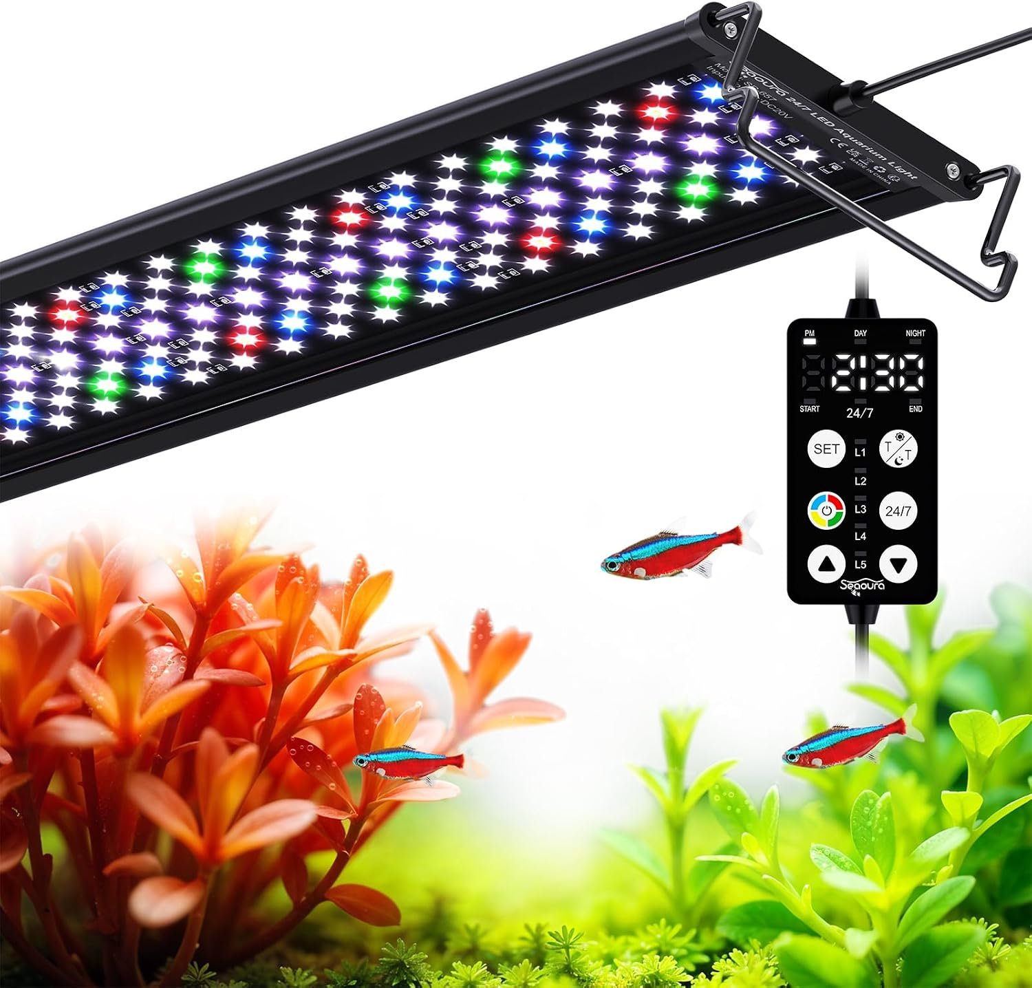 SEAOURA Aquarium Grow Light with 24/7 Timer for 36-42in Fish Tank | high PAR LEDs for plant growth, 3 timers + memory, 20 dimming, 15min fade, adjustable brackets, slim aluminum