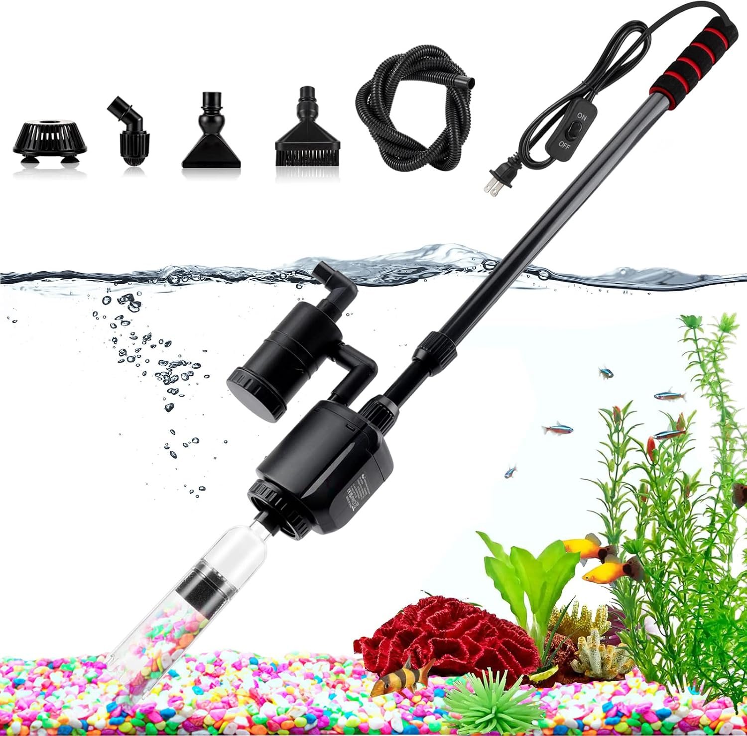 AQQA 6-in-1 Electric Aquarium Gravel Cleaner, 320GPH 20W Fish Tank Vacuum | Water Changing, Sand Washing, Filtering & Water Circulation Multi-function Cleaning Tool, Adjustable Length, Easy Operation