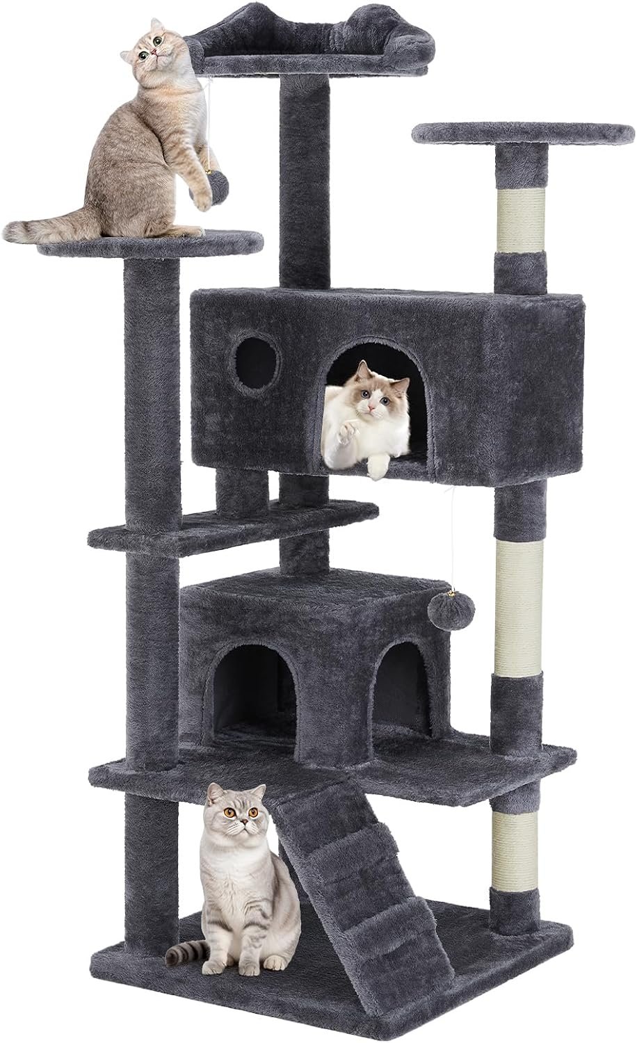 DUMOS 54 Inch Cat Tree Tower with Scratching Posts, Indoor Use | Multi-Level Pet House for Large Cats with 2 Condos, Round Platform, Small Ladder and Toys, Dark Grey