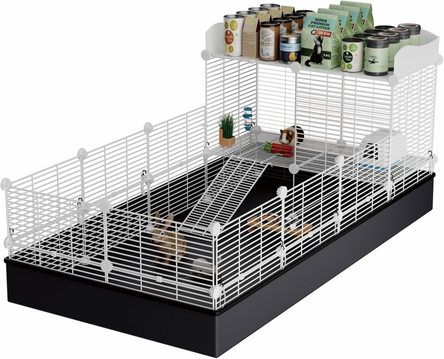 STILLCOVE 2-Tier Guinea Pig Cages Indoor, with Top & Waterproof Mat | with Platform and Ramp, Metal Fence Yard, C&C Small Animal Playpen for Rabbit, Bunny, Hamster, Pet Rat, Chinchilla, Rodent