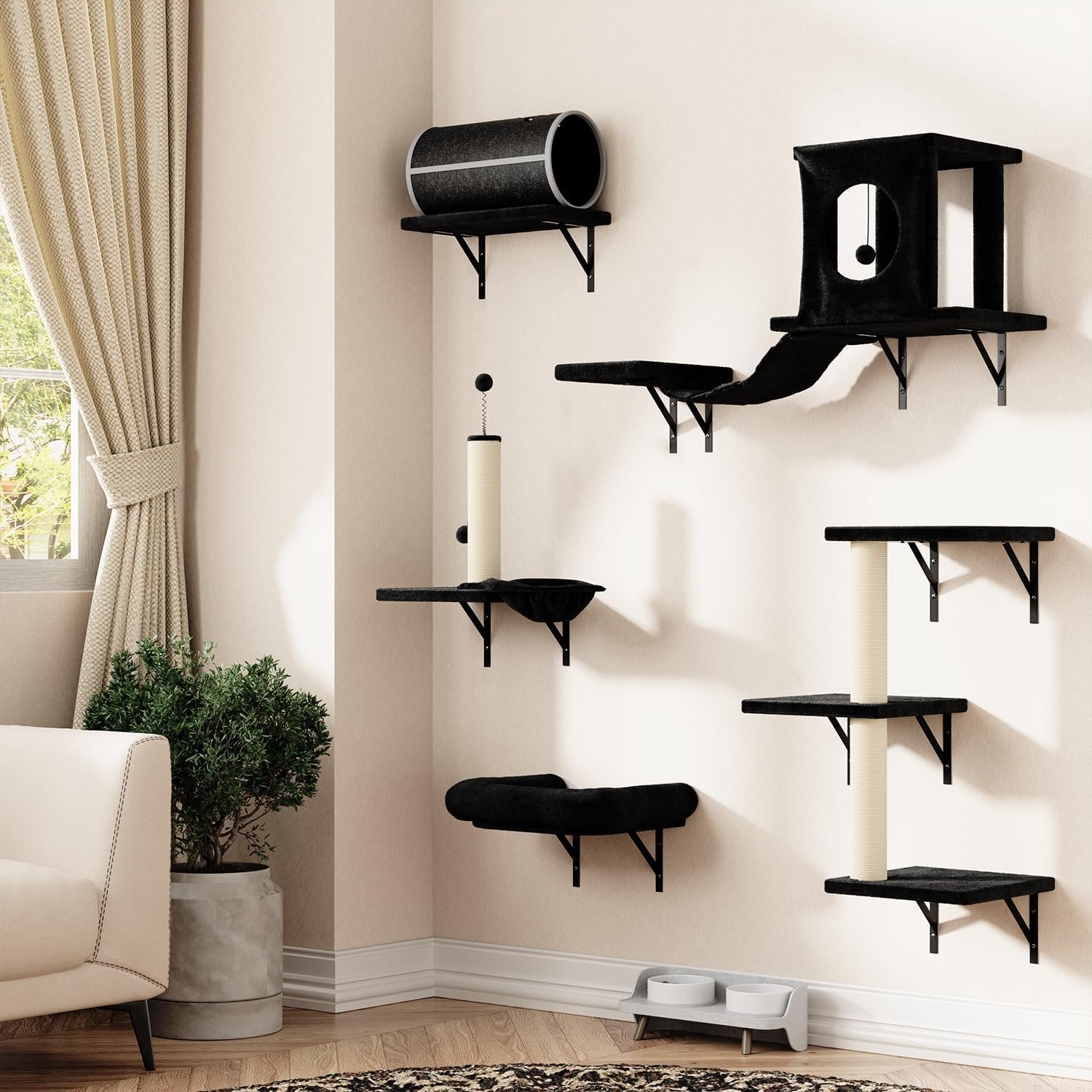 7-in-1 Cat Wall Shelves, Wall Mounted Climber Set | Cat Furniture with House, Tunnel, Bridge, Steps, Scratcher, Hammock, Shelves for Indoor, Black