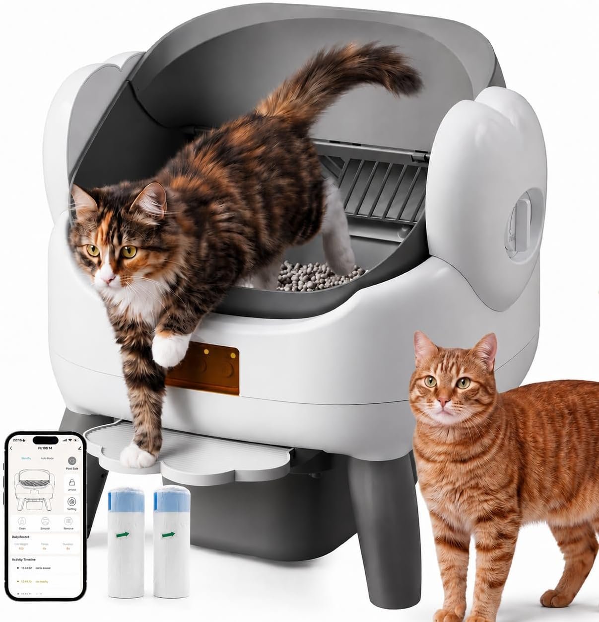 Automatic Litter Box Self Cleaning, Automatic Cat Litter Box for Multiple Cats with App Control, Open Top Self Cleaning Litter Box – Safety Protection, Easy Setup, Odor Control, Gray