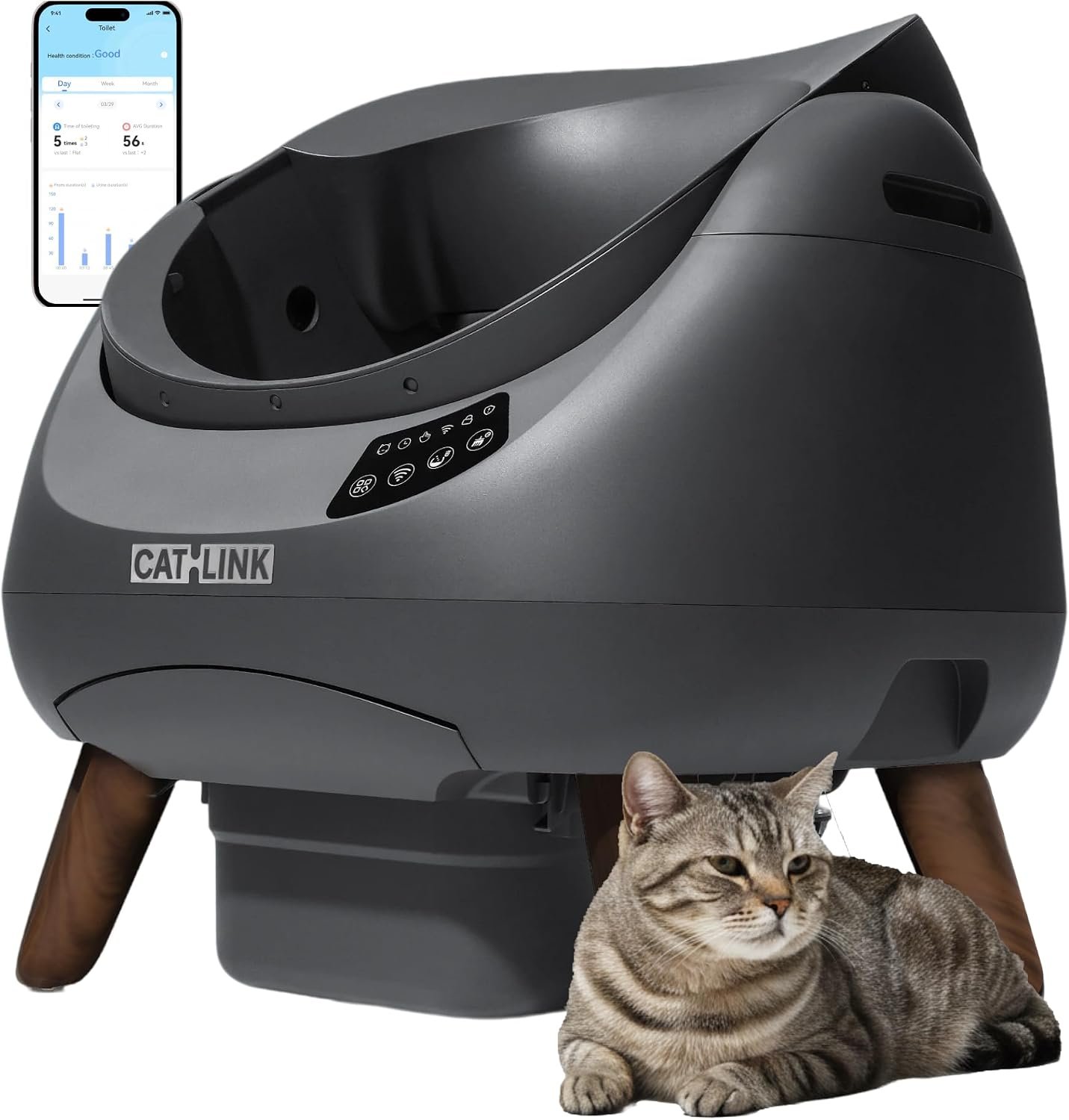 CATLINK Self Cleaning Cat Litter Box Open-X, 5G & 2.4G WiFi, Safe | Anti-Pinch Automatic Litter Box Open Top, AI Waste Analysis Health Monitor, App, Odor Free, Grey, Large, Single-Cat