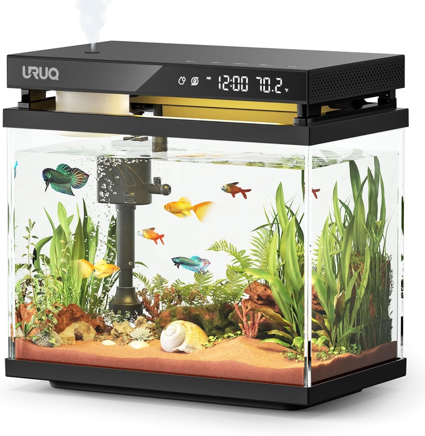 Fish Tank Smart Aquarium Kit 2 Gal UHD Glass Aroma Diffuser – Black | Silent Water Pump, Temperature Monitoring, 7 Color Lights, Multi-Layer Filtration, Room Desktop Decor