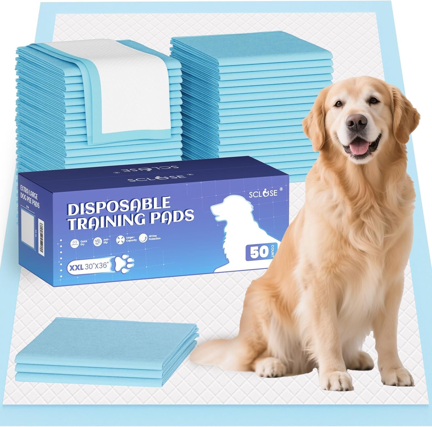 SCLOSE Pee Pads for Dogs Extra Large 30″x36″, 50 Count Puppy Pads XXL, Potty Pads for Dogs, Super Absorbent & Leak-Proof, Disposable Training Pads for Puppies, Doggie Pads, Blue
