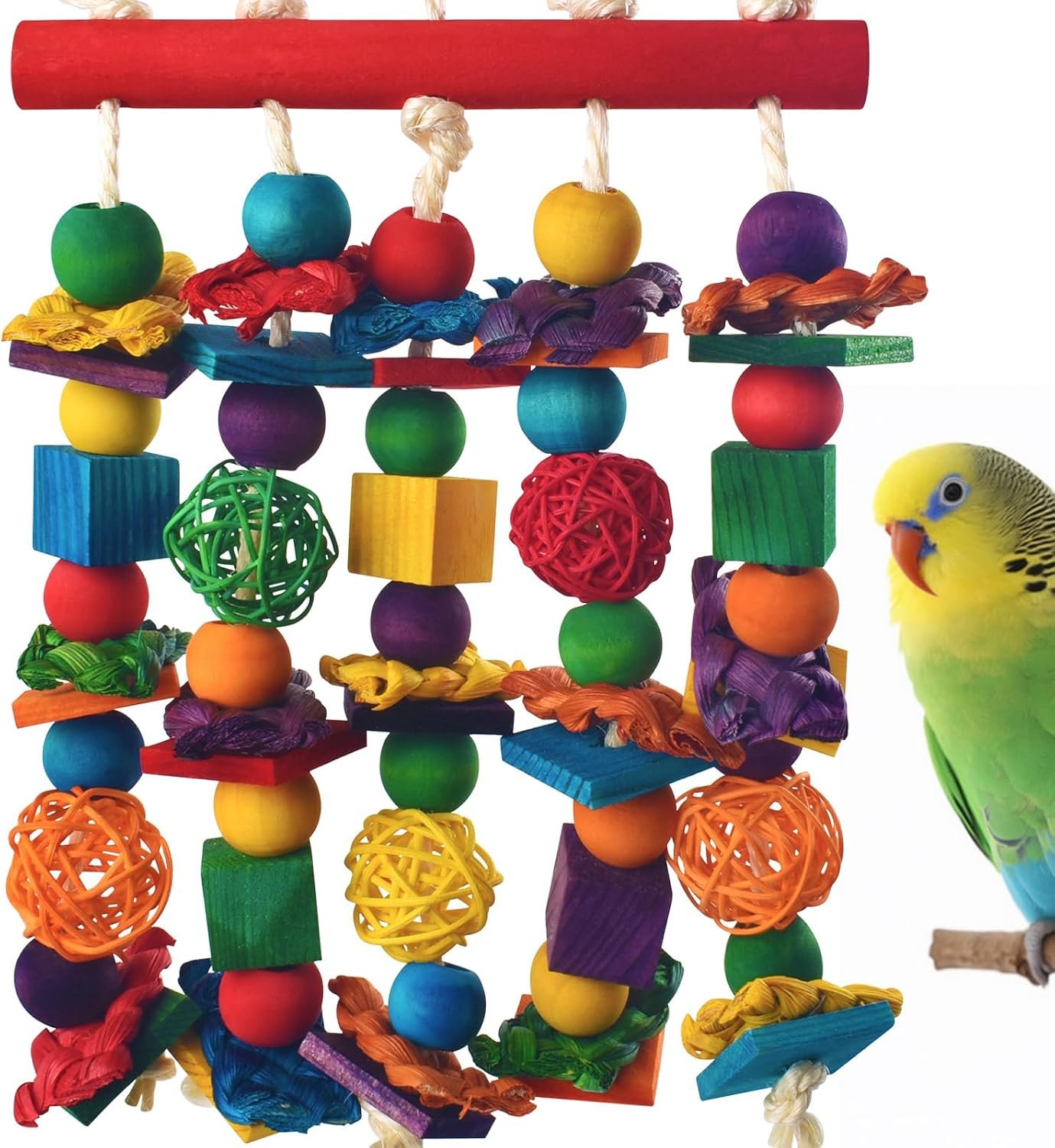 DBNESS Bird Toys, Parakeet Chewing Toy, Multicolored Natural Wooden Blocks Birds Parrot Tearing Toys mit Rattan Wicker Balls, for Medium Small Macaw Cockatoos Budgie Lovebird Cockatiel Conures