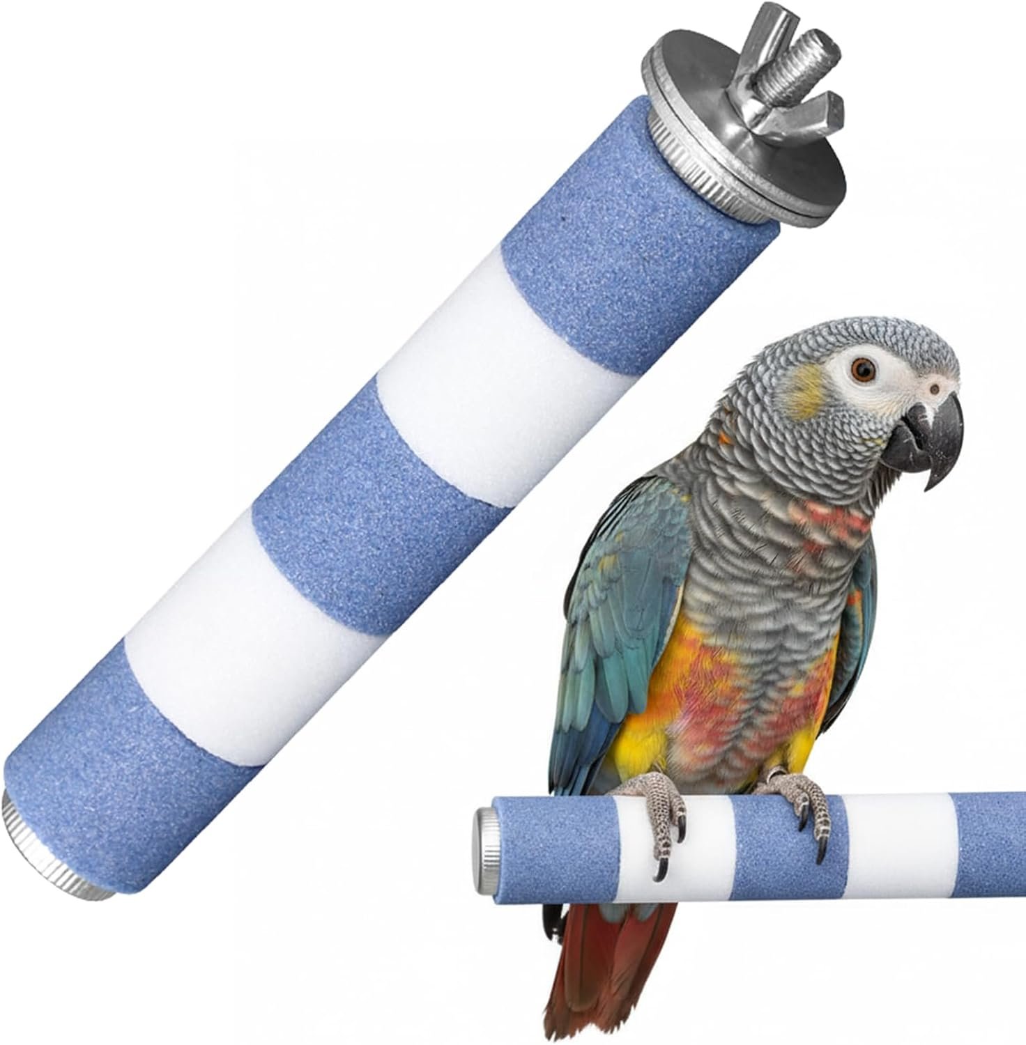 Parrot Perch Birds Nail File Perch Abrasive Surface, Parrot Nail Grooming Stick Bird Claw Grinding Sandstone Perch Stand Toy Branch for Budgie, Cockatiel, Parakeet Cage Accessories, Blue and White